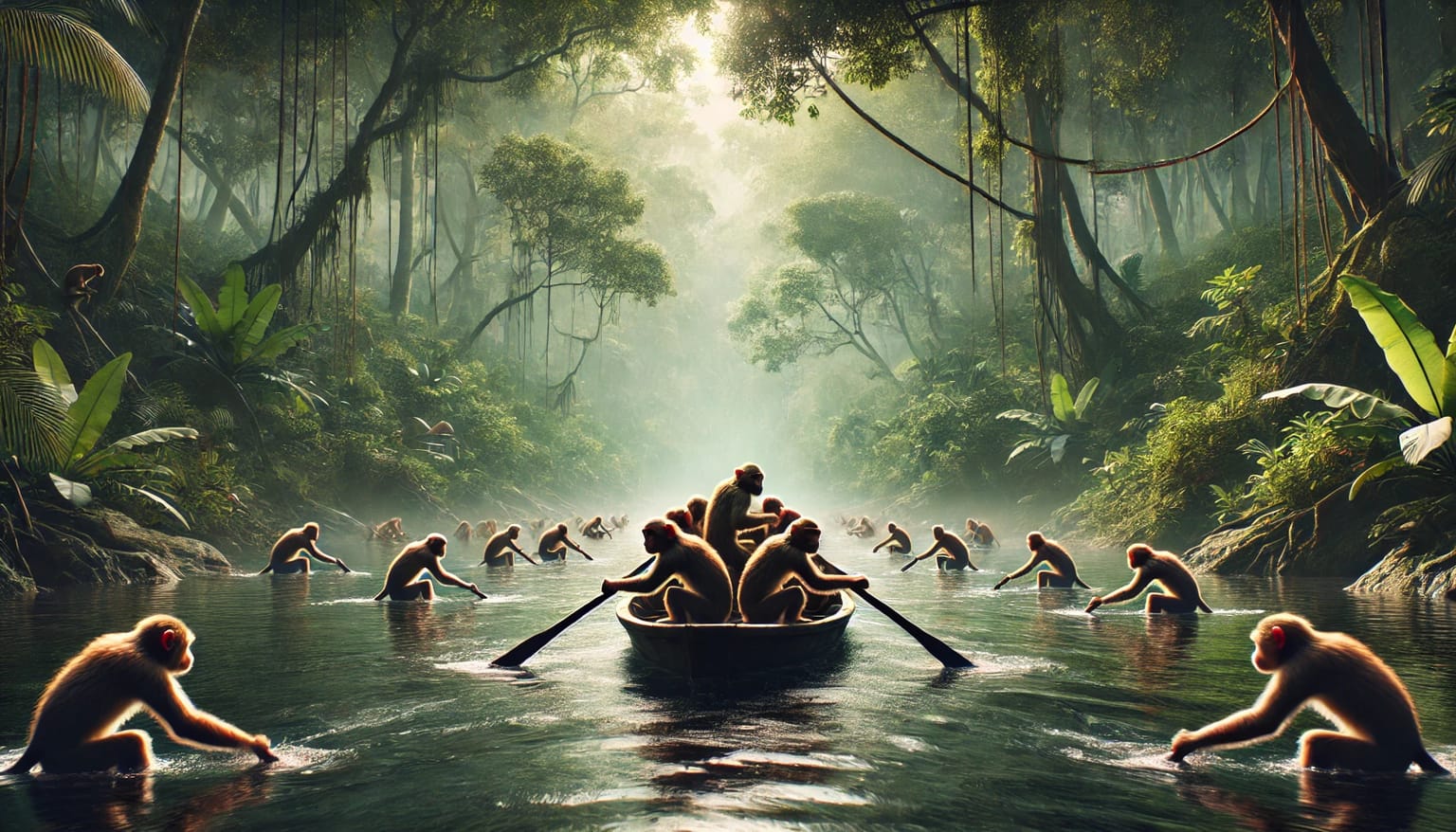 Monkeys paddling in unison in a small boat