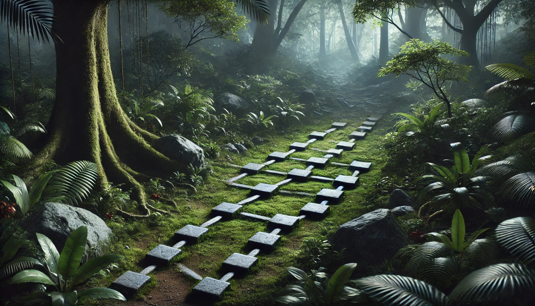 Chemin de jungle naturel, semblable à un organigramme, qui symbolise subtilement la stratégie et la prise de décision